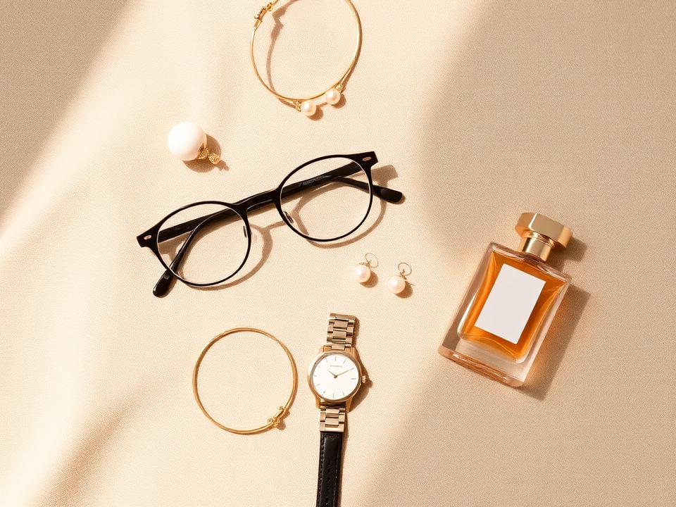 Flatlay con gafas, reloj, pulsera y perfume
