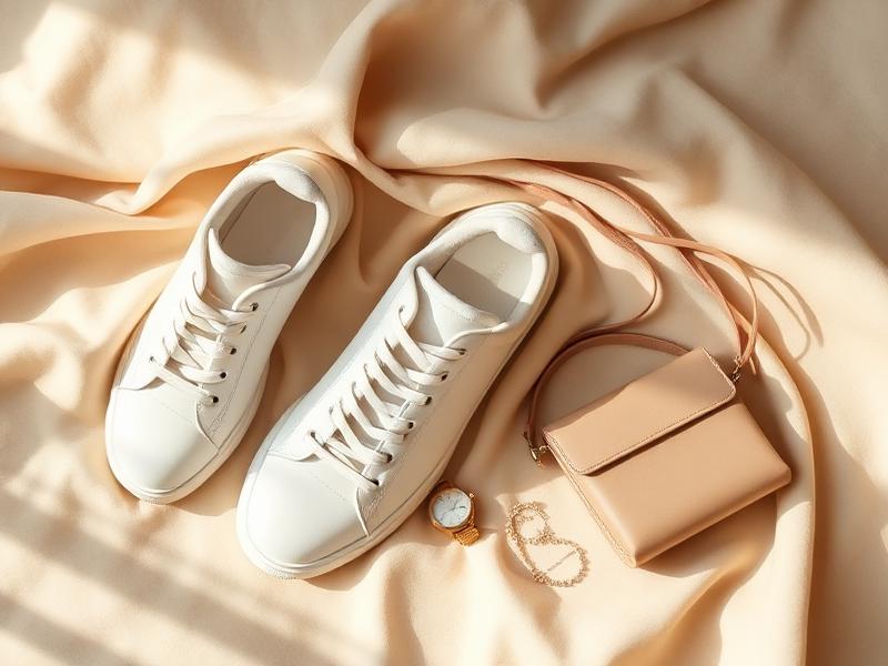 Flatlay de accesorios neutros: zapatillas blancas, reloj y bolso
