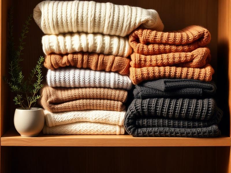 Jerseys doblados y ordenados por colores en una estantería de madera