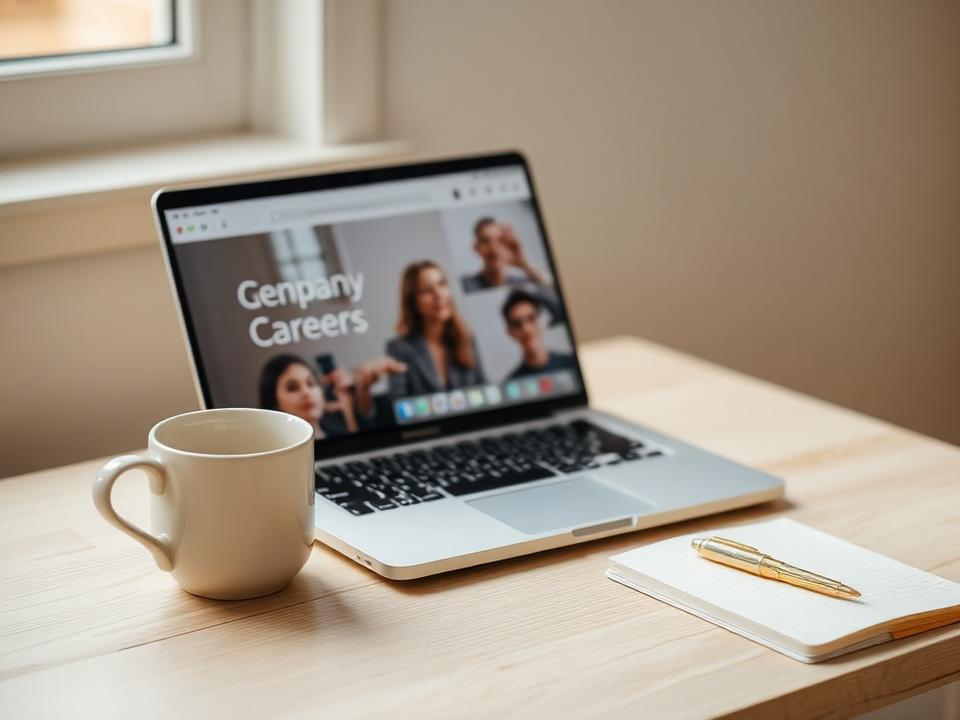 Portátil abierto en la web de una empresa junto a una taza de café