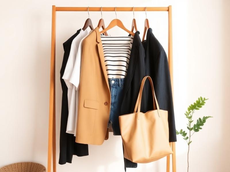 Perchero con prendas básicas: camisa blanca, blazer camel y vaqueros