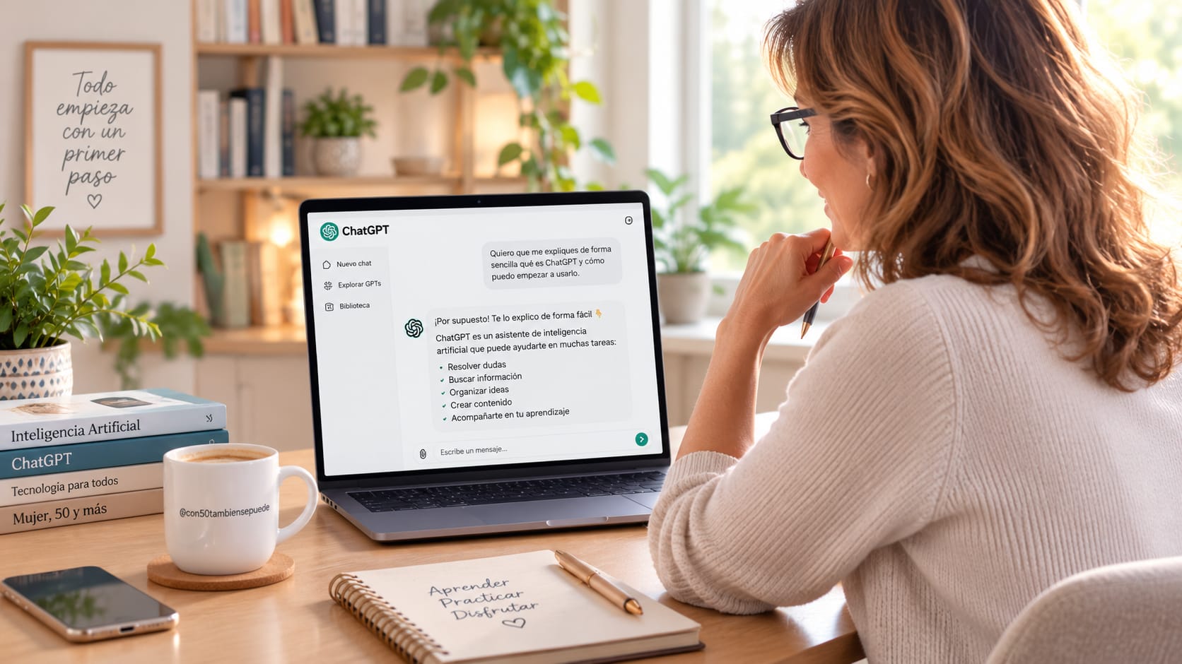 Mujer utilizando ChatGPT desde su portátil, tomando notas en una libreta