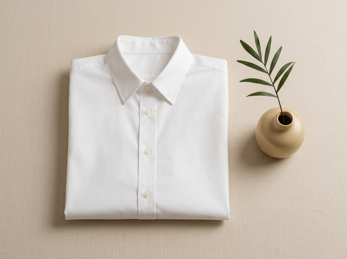 Camisa blanca doblada junto a un pequeño jarrón con una hoja verde