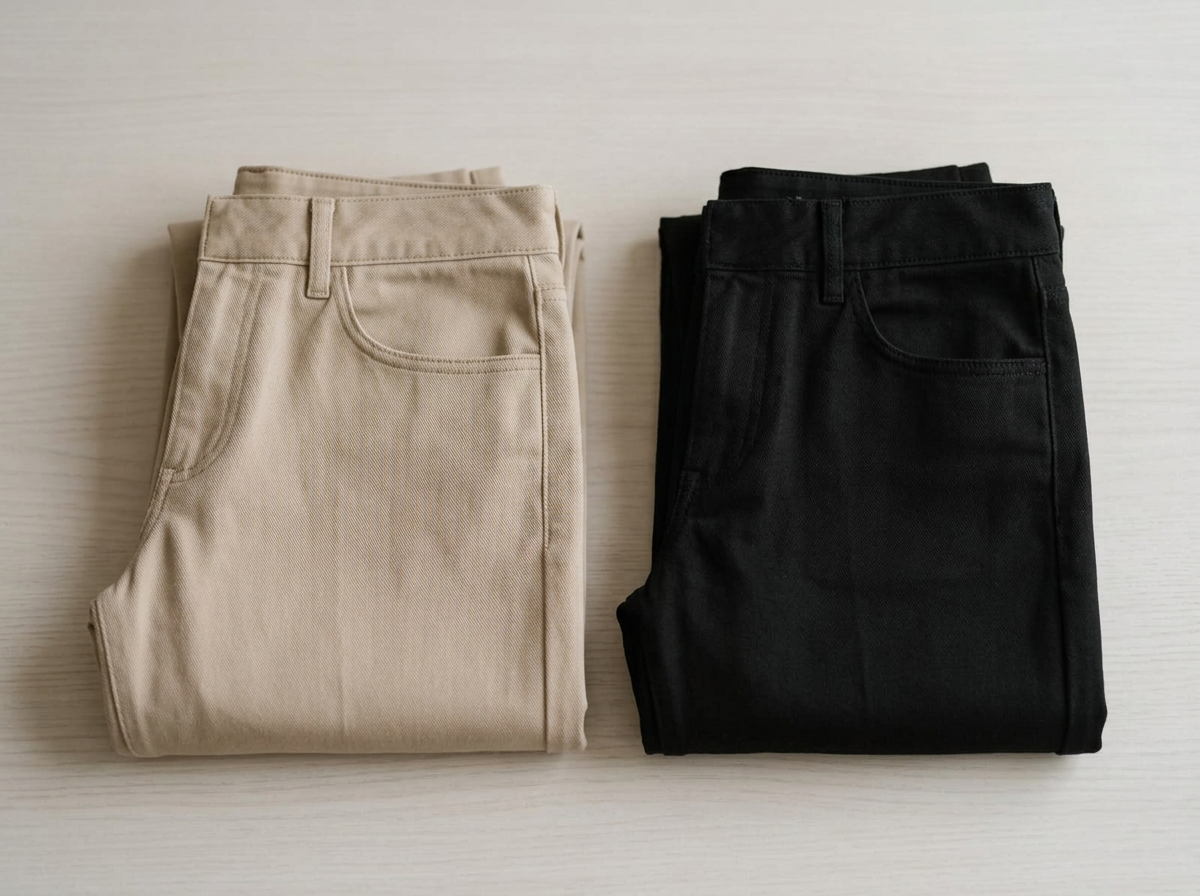 Pantalones beige y negro doblados sobre una superficie clara