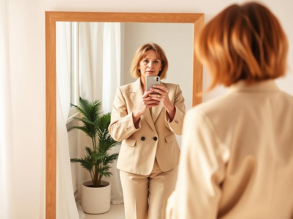 Mujer revisando su look profesional frente al espejo