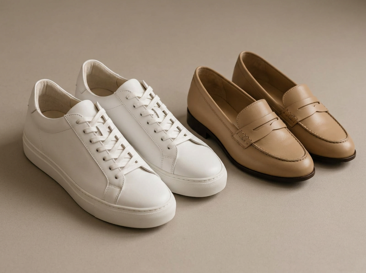 Zapatillas blancas junto a mocasines beige de piel