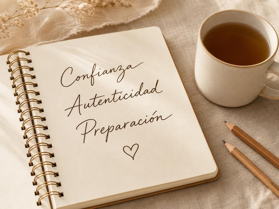 Libreta con las palabras Confianza, Autenticidad y Preparación