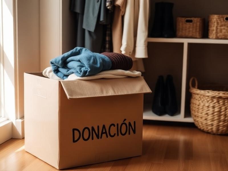 Caja de donación con ropa junto a un armario organizado