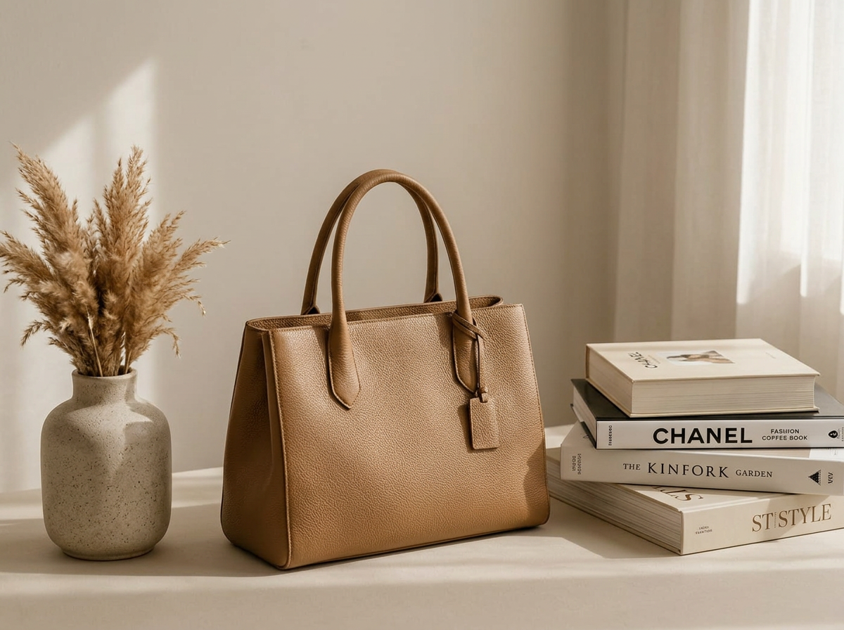 Bolso de piel en color neutro junto a un jarrón con pampas y libros de moda