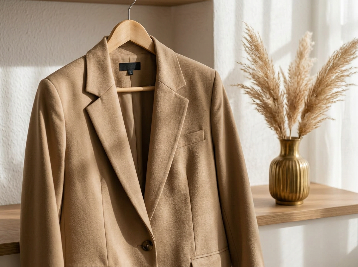 Blazer beige en tono camel colgado junto a un jarrón con pampas