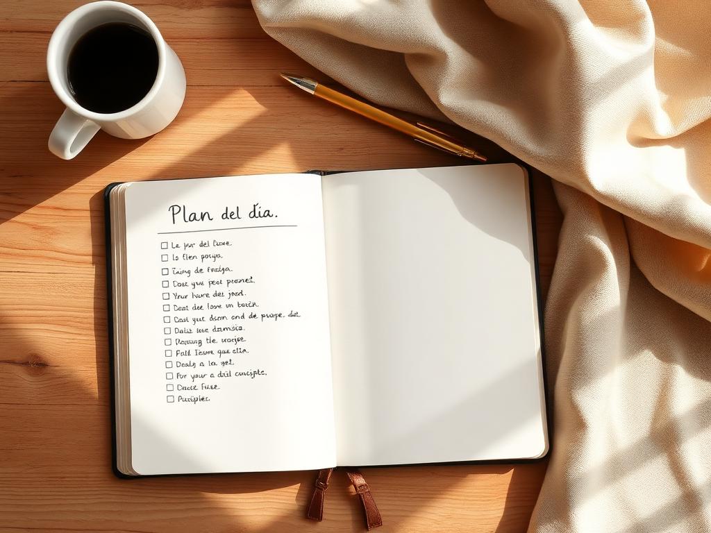 Libreta con plan del día y taza de café