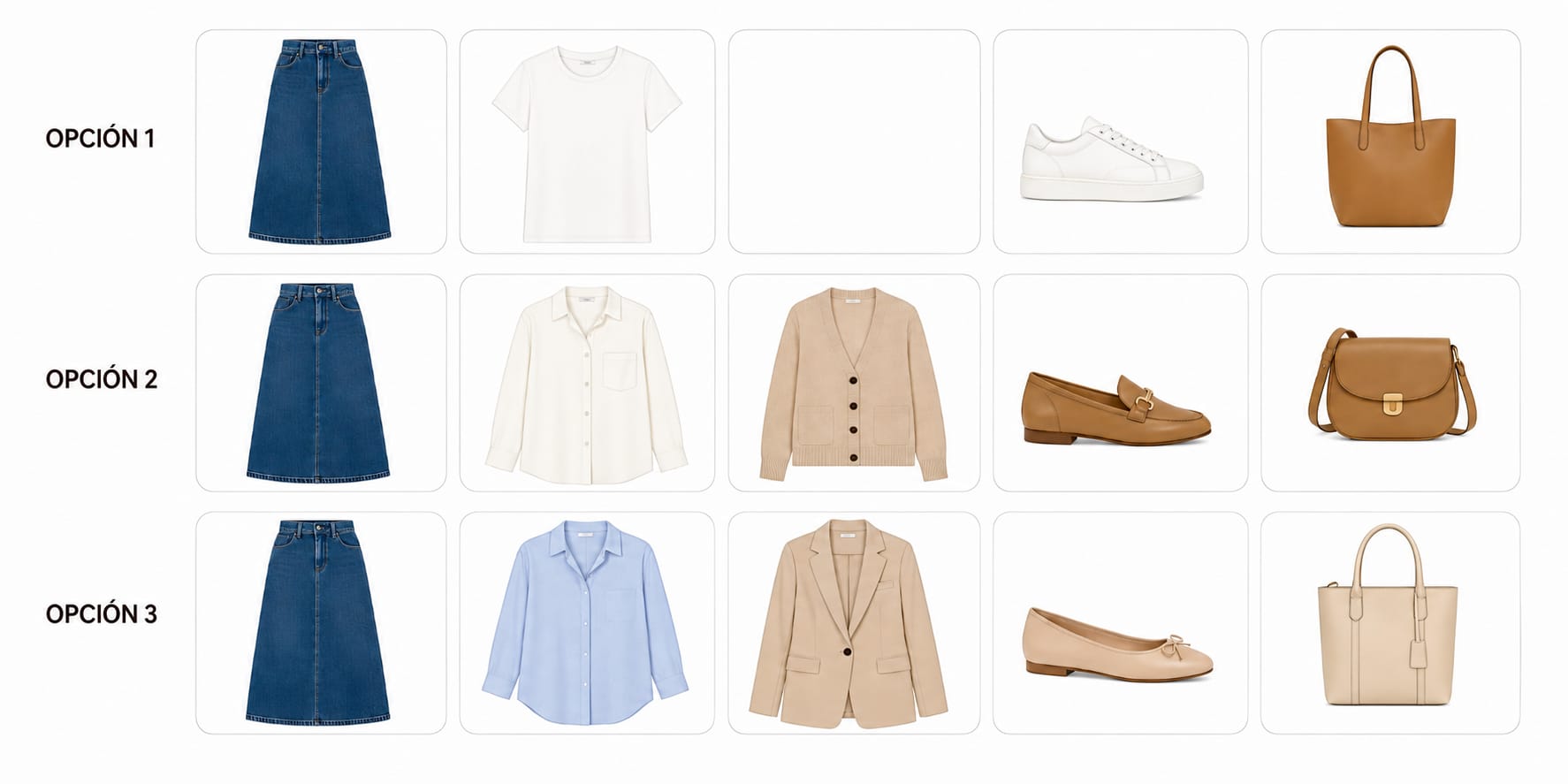 Comparativa de tres opciones de looks con falda denim