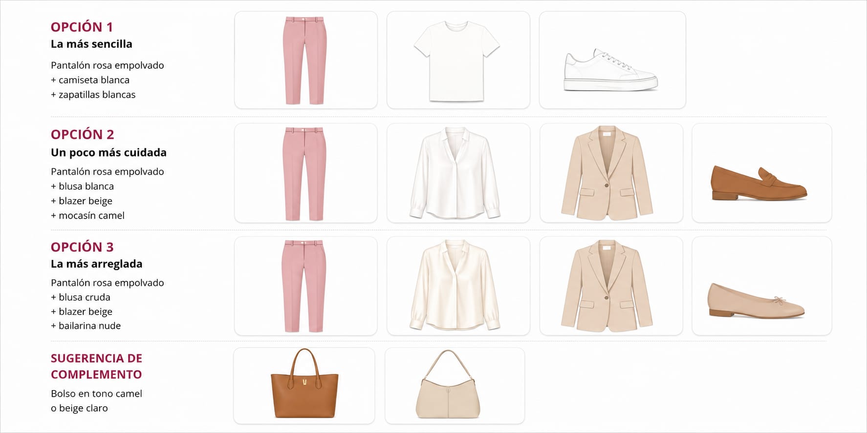 Comparativa de tres opciones de looks con pantalón rosa empolvado