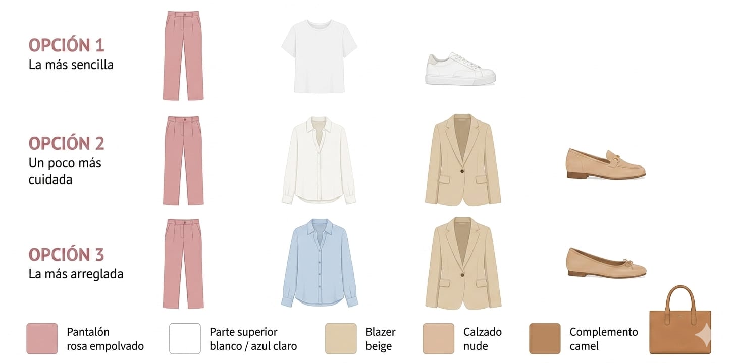 Comparativa de tres opciones de looks con leyenda de prendas