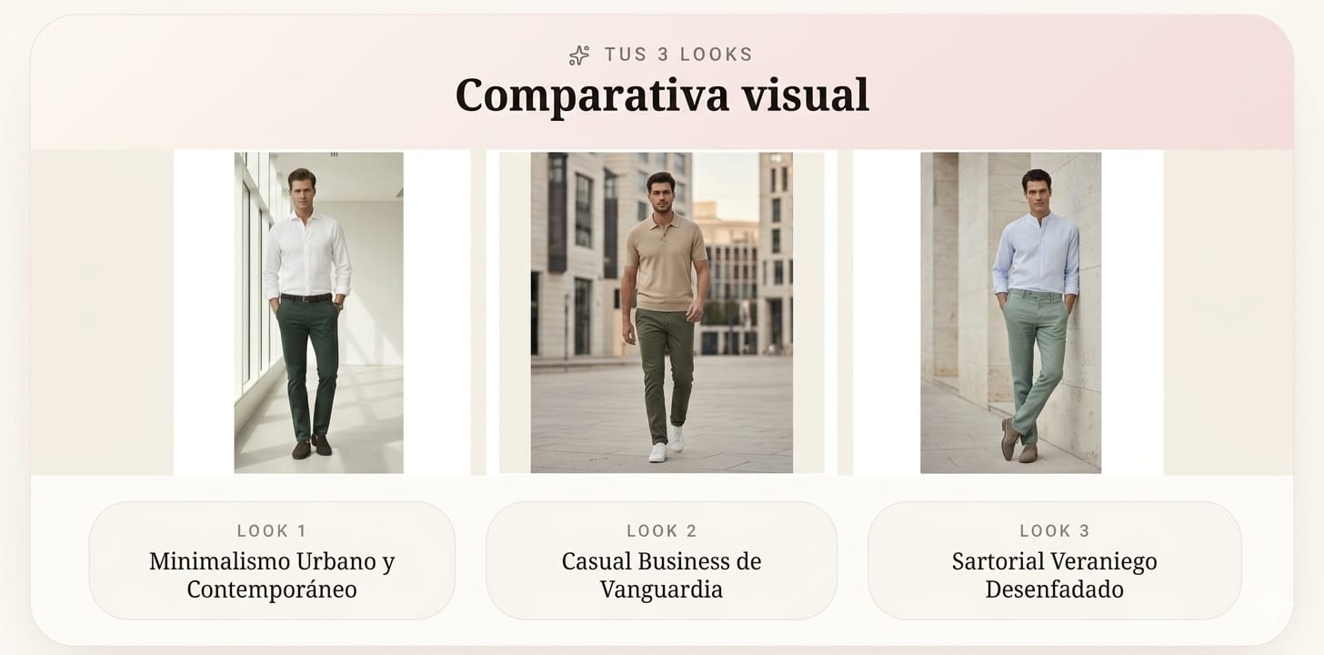 Comparativa visual de tres looks masculinos reales