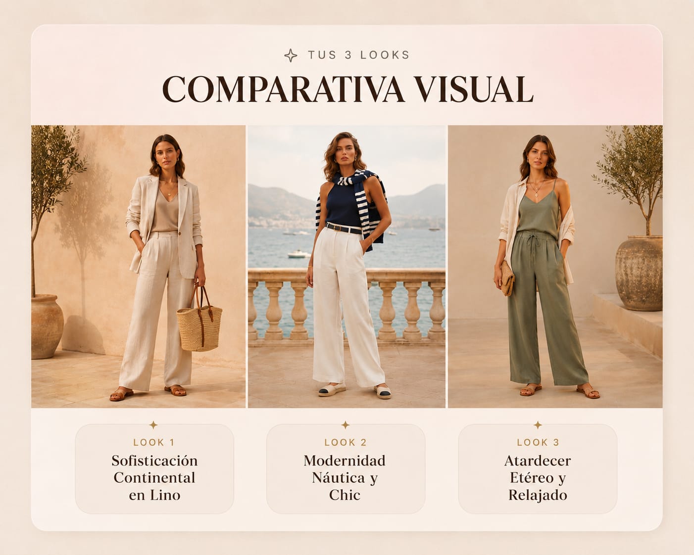 Comparativa visual de tres looks en tonos neutros