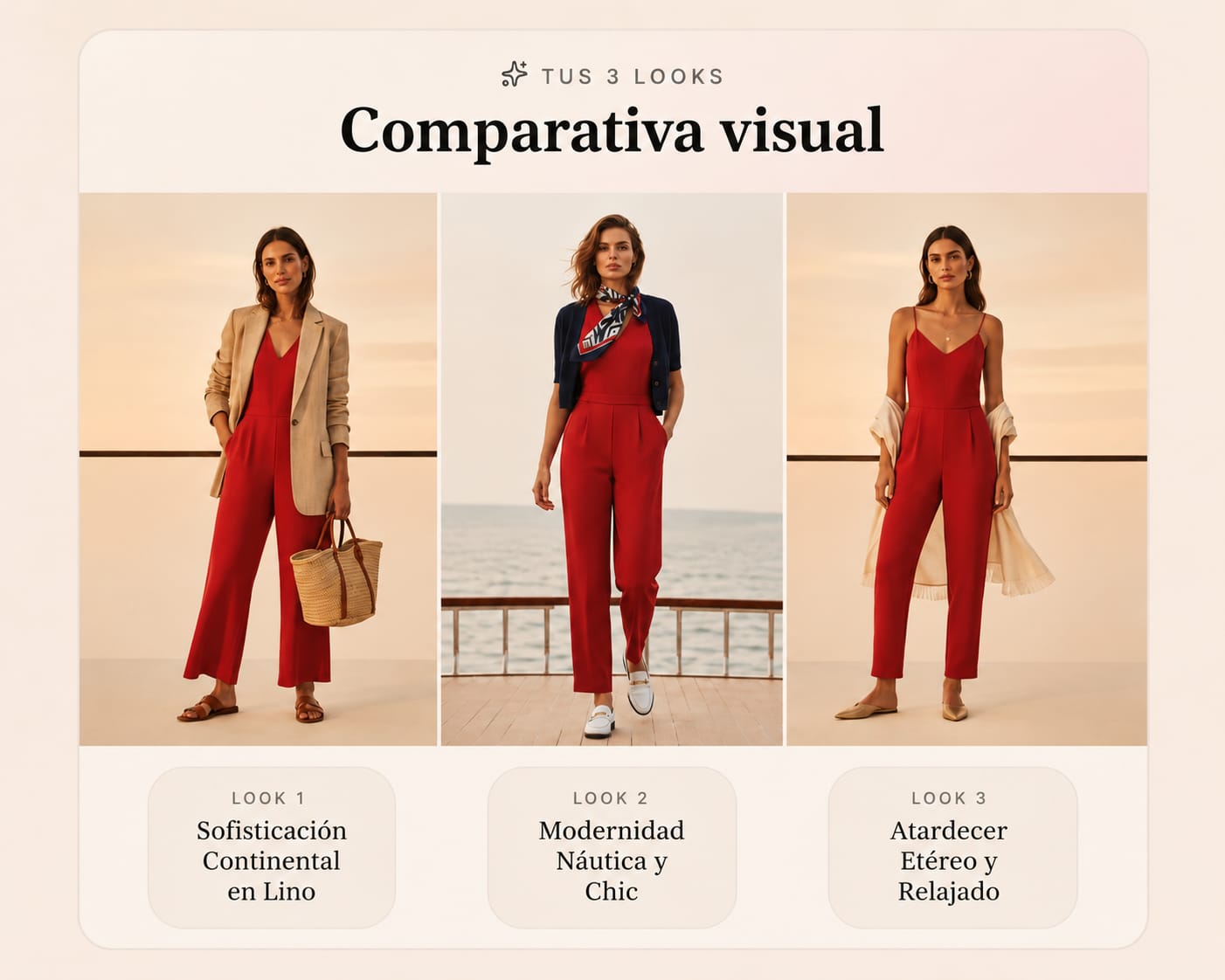 Comparativa visual de tres looks en rojo