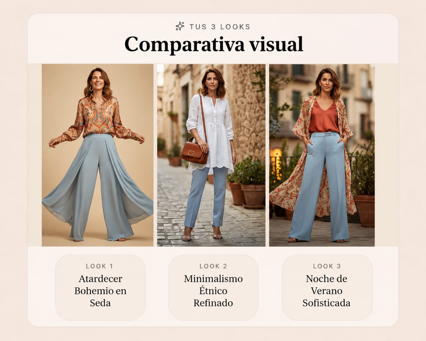 Comparativa visual de tres looks: bohemio, minimalista y noche de verano