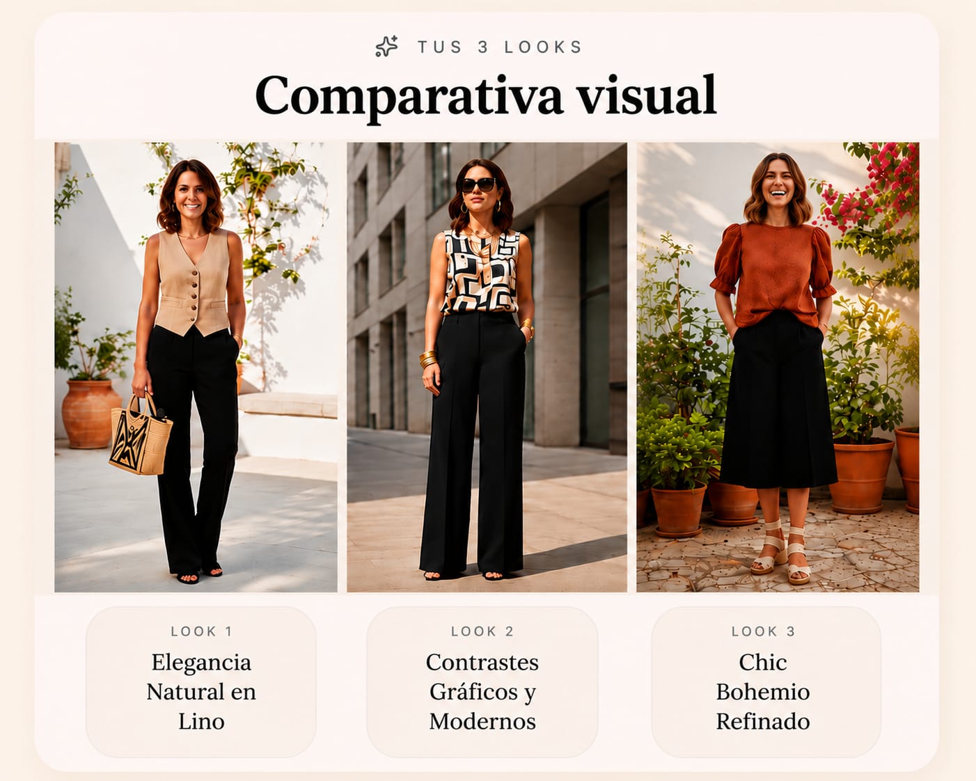 Comparativa visual de tres looks: elegancia natural, contrastes gráficos y chic bohemio